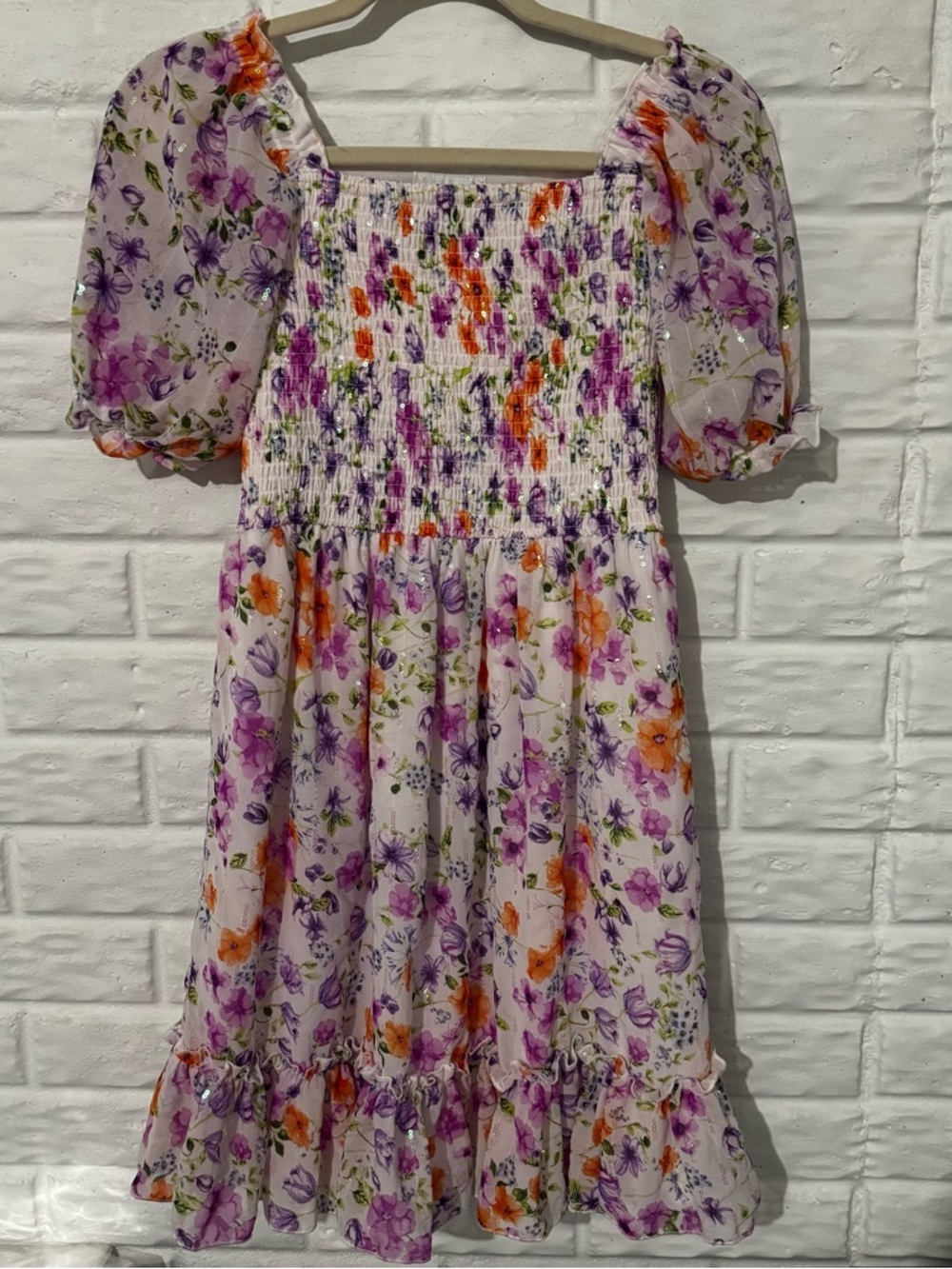 Rare Editions Dress Girls XL 14/16 White Pink Purple Floral Smocked Floral